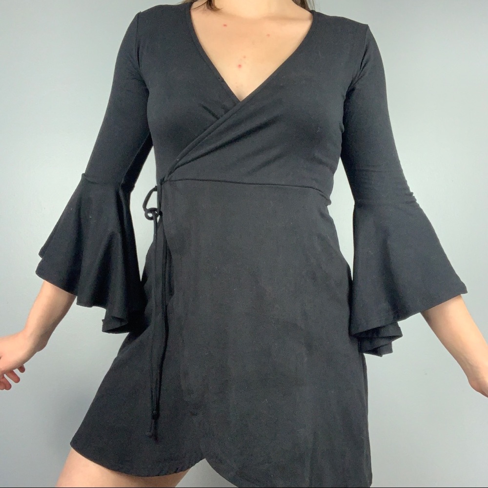 Socialite Black Wrap Bell Sleeve Mini Dress